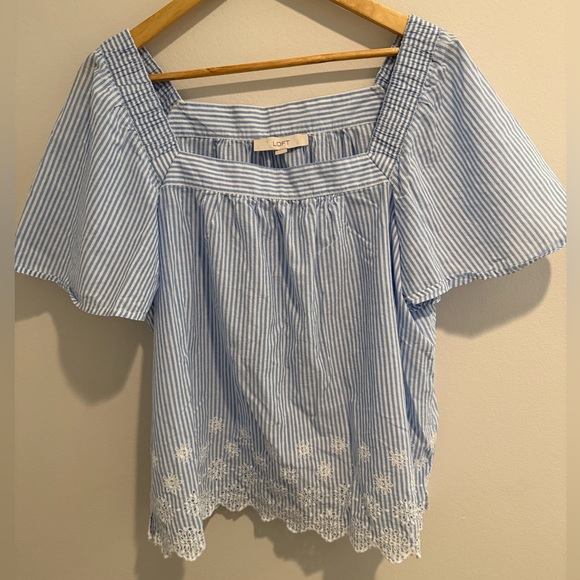 LOFT Tops - Loft Blue White Stripe Square Neck Flutter Sleeve Embroidered Eyelet Detail XL